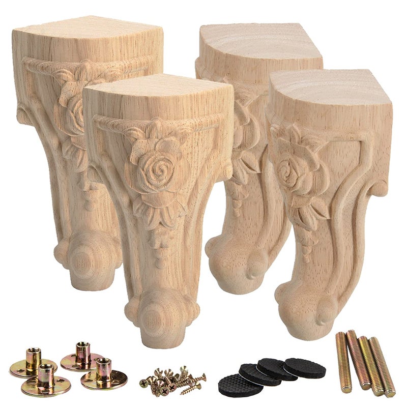 La Vane 4 inch / 10cm Wooden Furniture Legs  Set of 4 European Style Solid Wood Carving Furniture Replacement Feet Decoration for Sofa Cabinet Wardrobe Table Loveseat - Image 1